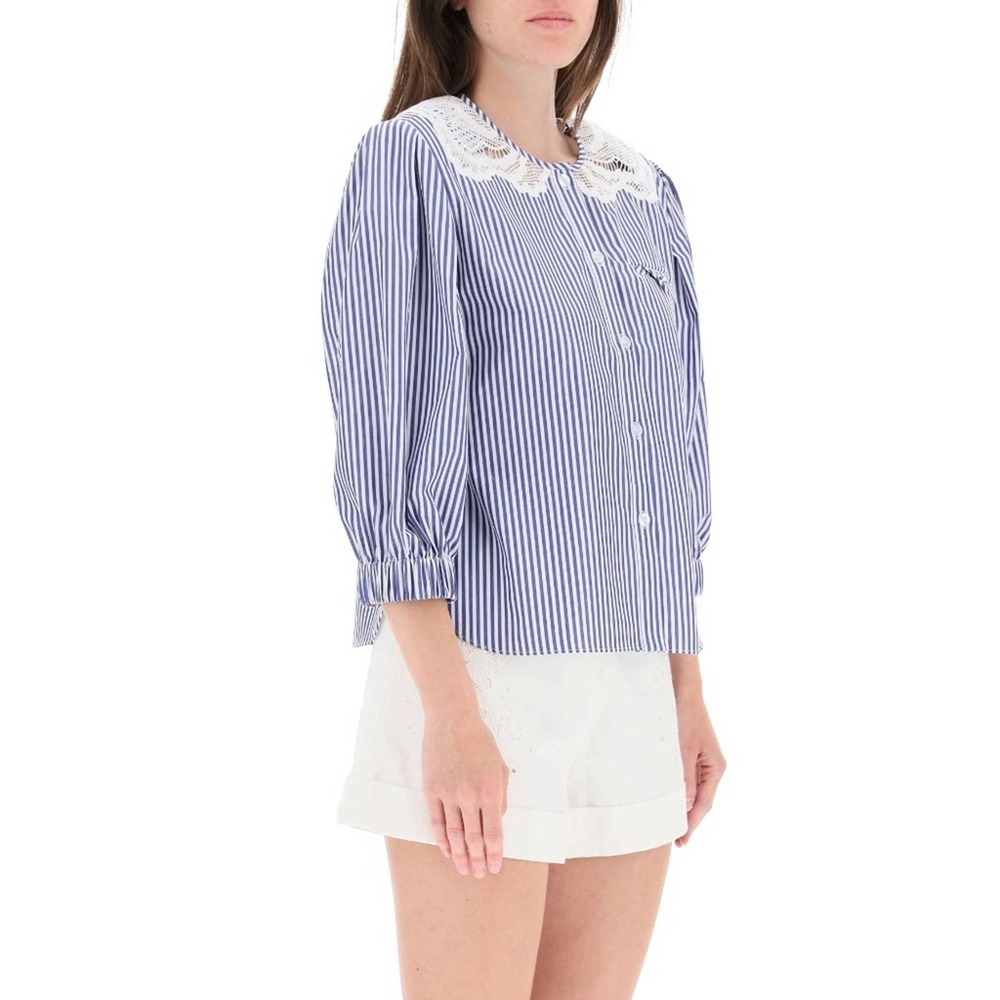 Self-Portrait Top Blouse Lace Trimmed Embroidered Stripes Blue White 10 NWT